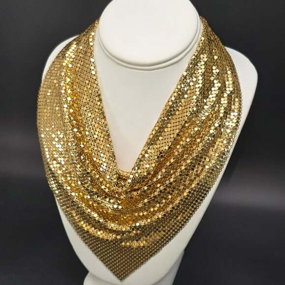 Vintage Whiting & Davis Gold Mesh Bib Necklace Statement Jewelry HS220 - Picture 3 of 8